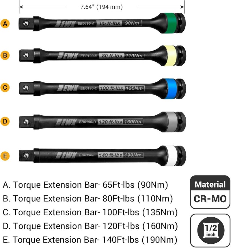 EWK 5 Pcs 1/2" Impact Torque Limiting Extension Bar Set, 65ft-lb, 80ft-lb, 100ft-lb, 120ft-lb, and 140ft-lb, High Precision Torque Limiting Stick Set with 8 Inches Long - Image 2